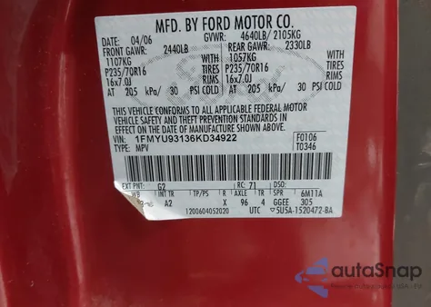 2006 Ford Escape Xlt/Xlt Sport from USA, damaged, VIN 1FMYU93136KD34922